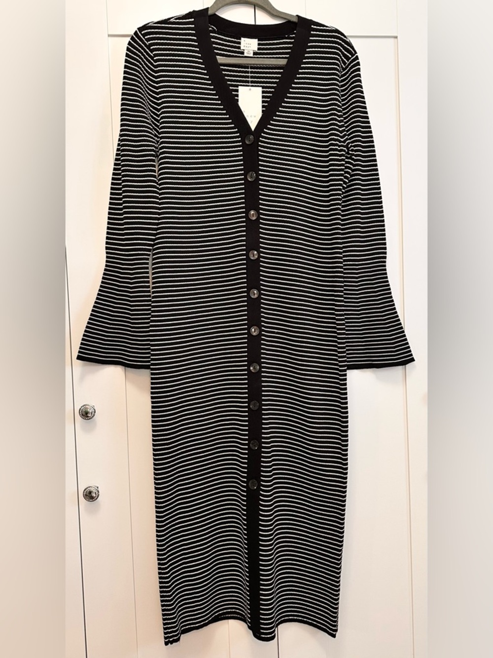 Button Front Striped Bell Sleeved Black & White Women’s Maxi Dress Sz XL NEW!